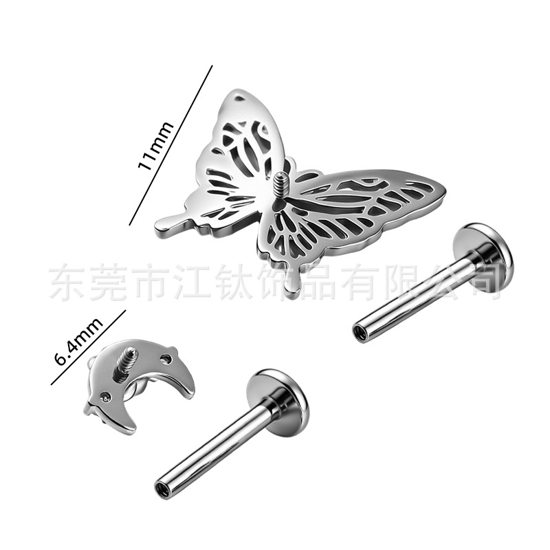 Butterfly Rose Moon 3D G23 Titanium Ear Stud Cartilage Piercing Jewelry 1.2x10mm Gold - Image 2