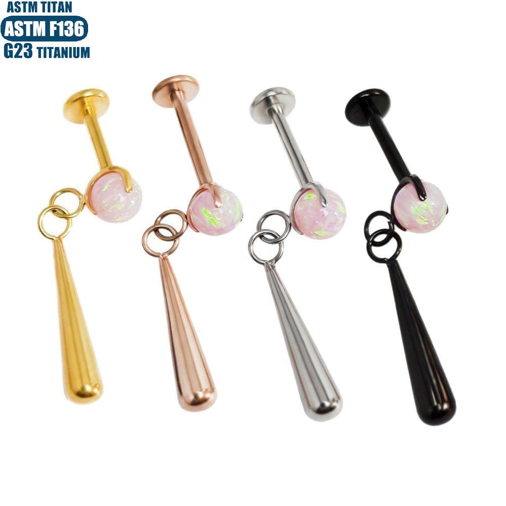 Titanium Alloy Opal Earrings - Three Claw Internal Thread Human Piercing Jewelry Diaphragm Piercing Water Drop Pendant Earrings - Image 2