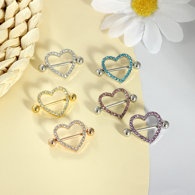 Double Diamond Love Heart Breast Piercing Ring - Seven Color Electroplated Stainless Steel Pair for Sale Wholesale - Image 3