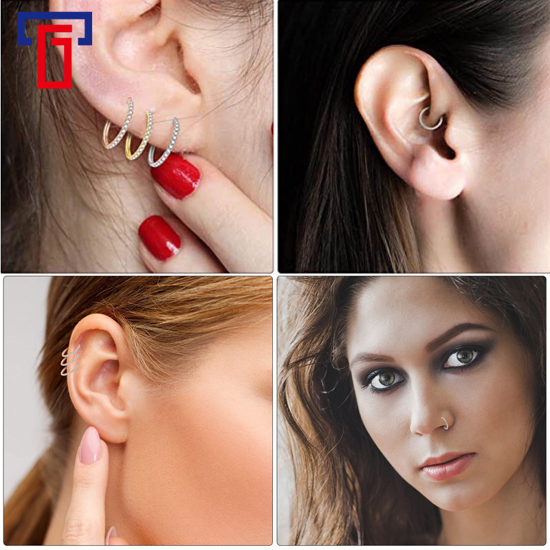 G23 Titanium Alloy CNC Micro Diamond Double Ring Nose Ring Earring Stud Inlay - Image 4