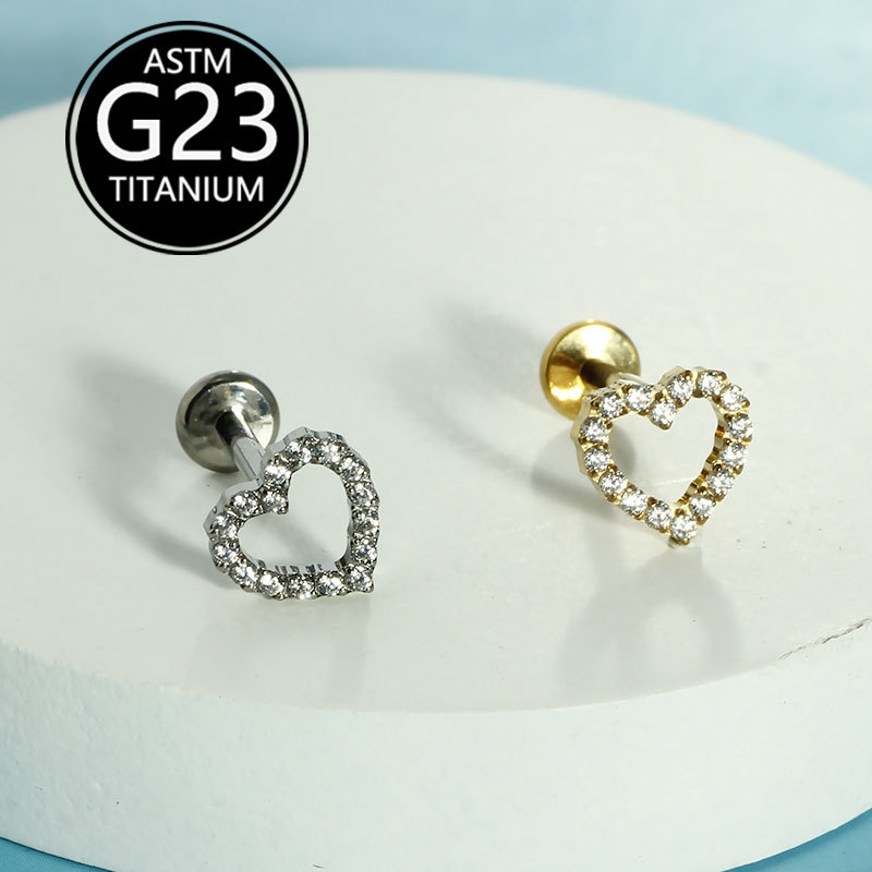 1.2mm Thick F136 Titanium Lip Stud with Fashionable Zircon Heart-Shaped Ear Bone Stud, G23 Titanium Body Piercing Jewelry - Image 5