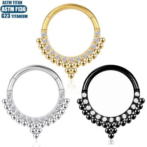 F136 Titanium Nose Ring with Zircon Inlay Welded Bead - Perforated Nose Ring Earring Septum Ring Titanium Alloy Zircon Inlay