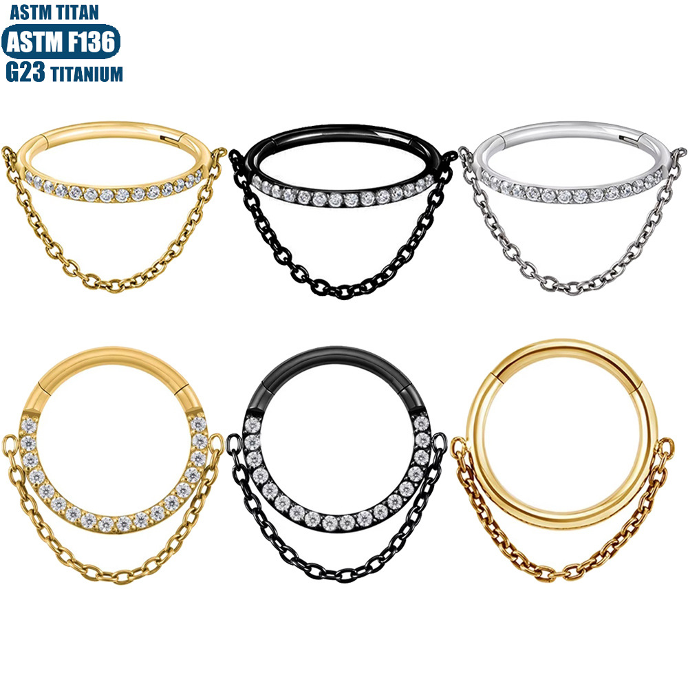 G23 Titanium Hinge Nose Ring with Zircon Chain Earrings - Seamless Open Ring Cartilage Septum Perforated Ear Ring Nose - Image 5