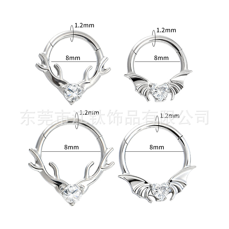 F136 Titanium Nose Ring Earrings Antlers Bat Heart Zircon Inlaid G23 Piercing Jewelry - Image 3