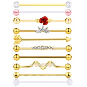 10-Piece 14G Stainless Steel Industrial Ear Studs Set - Gold Straight Bar with Zircon Flower Long Bar Ear Bridge Studs for Helix Piercing