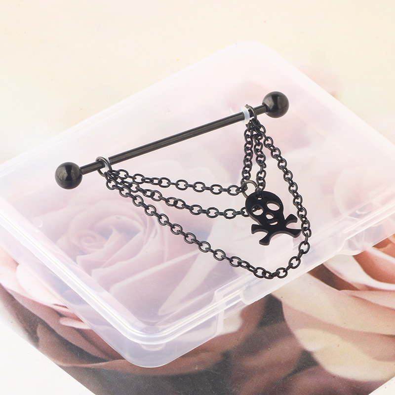 14G Star Zircon Industrial Barbell Earring - Stainless Steel Black Skull Long Earring for Cartilage Piercing - Image 4