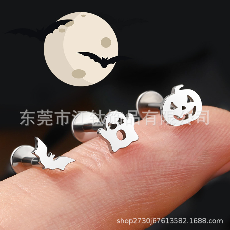 G23 Titanium Bat Ghost Pumpkin Earrings - Cartilage Stud Body Piercing Jewelry - Custom Manufacturer - Image 2