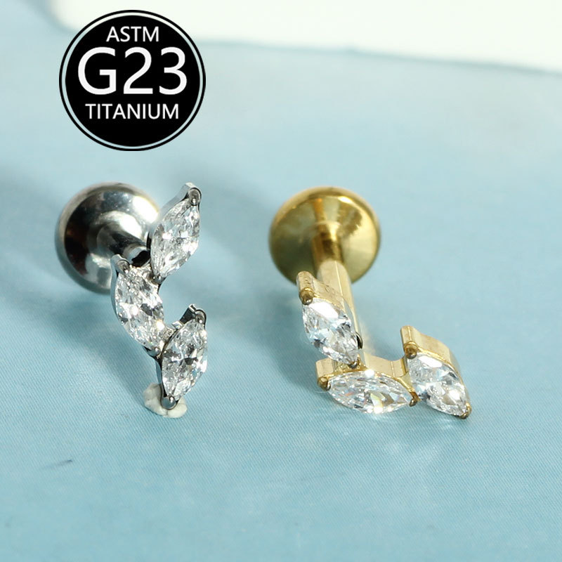 G23 Titanium Internally Threaded Flat Lip Stud with Marquise Zircon | Lip Ear Cartilage Piercing Jewelry - Image 2