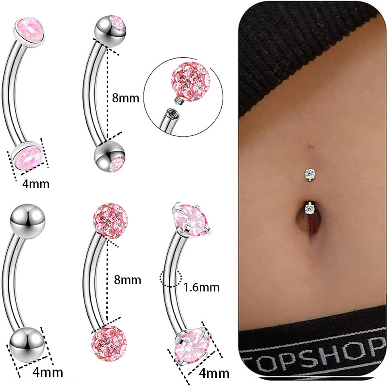 5-Piece Set Stainless Steel Double-Headed Zircon Curved Rod Navel Rings Internally Threaded Multi-Color Belly Button Jewelry - Image 2