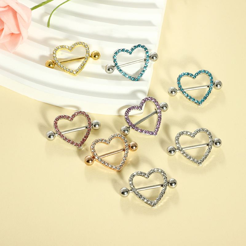 Double Diamond Love Heart Breast Piercing Ring - Seven Color Electroplated Stainless Steel Pair for Sale Wholesale - Image 4