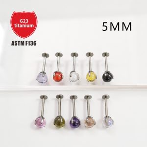 ASTM F136 Titanium Labret Stud Lip Piercing - 5mm CZ Gem Ball - 3 Claw Prong Setting - G23 Titanium Alloy