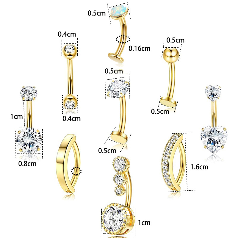 Factory Spot Wholesale New 9-Piece Set of Navel Rings - Fashionable Zircon-Encrusted Stainless Steel Belly Button Jewelry - Image 2