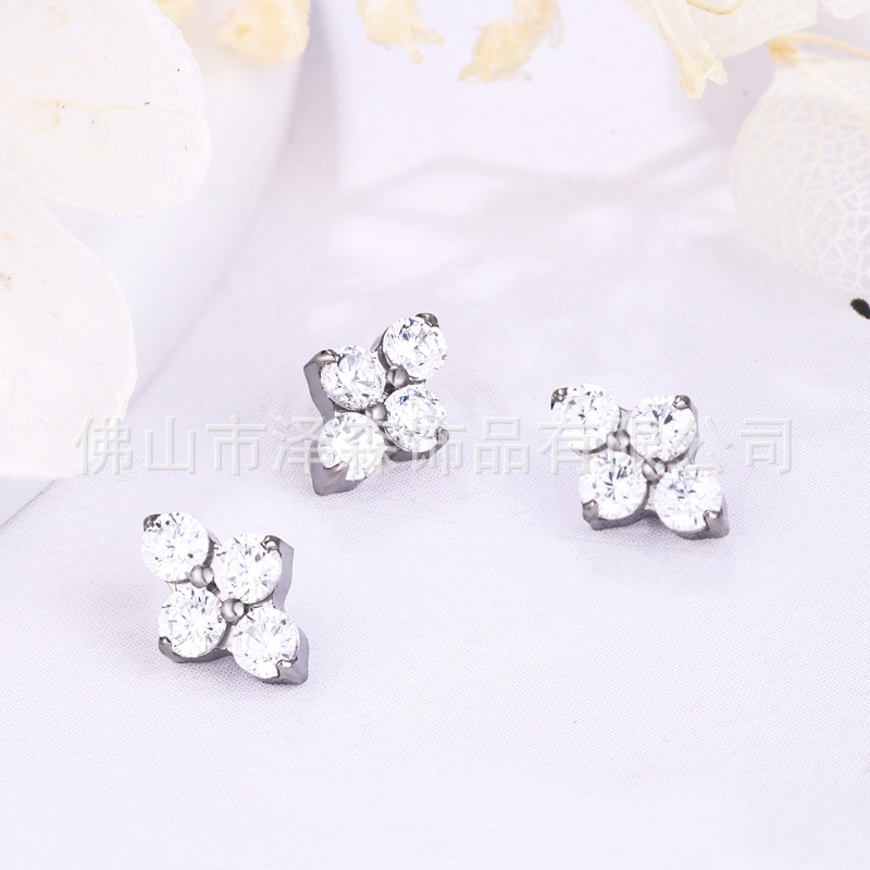 Zesen F136 Titanium Alloy Four-Leaf Clover Earrings with 5A Zircon - Cartilage Stud Ear Piercing Jewelry - Image 2