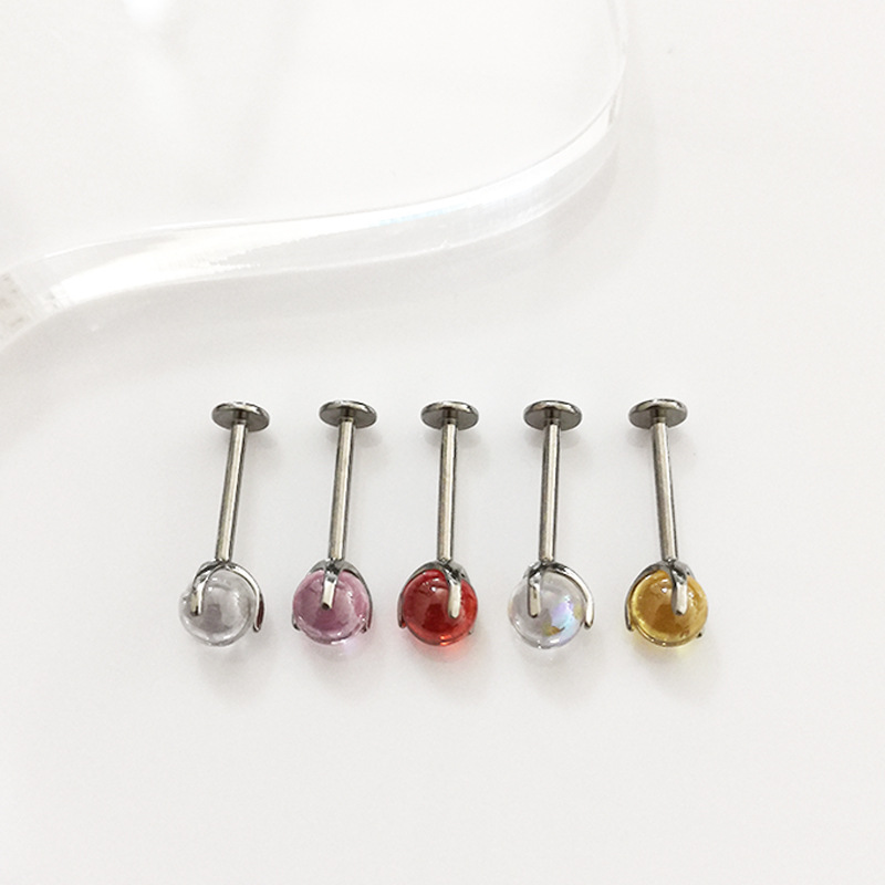 ASTM F136 Titanium Labret Stud Lip Piercing - 5mm CZ Gem Ball - 3 Claw Prong Setting - G23 Titanium Alloy - Image 3