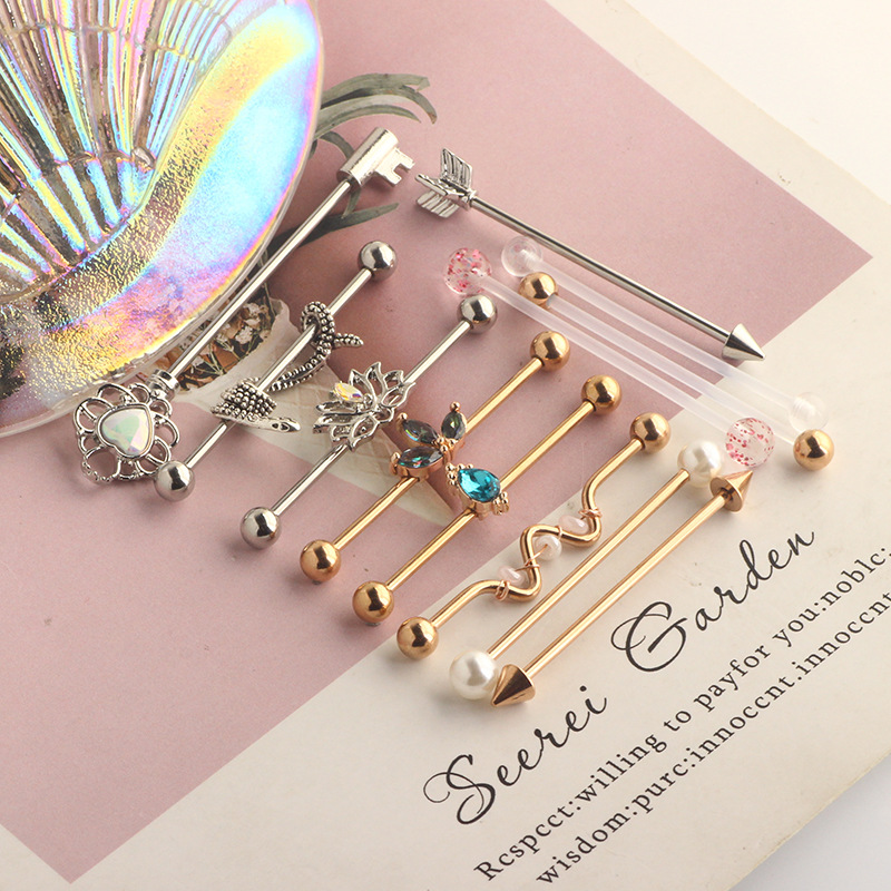 Industrial Barbell Cross Bar Ear Bone Nail Piercing Jewelry Stainless Steel 18K Gold Plated Retro Flower Style - Image 5