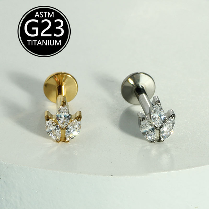 F136 Titanium Alloy Marquise Zirconia Internally Threaded Ear Studs, Cartilage Studs, G23 Titanium Lip Studs, Nose Studs - Piercing Jewelry in Stock - Image 5