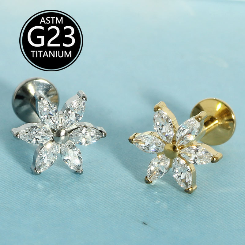G23 Titanium Inlaid Zircon Flower Labret Stud Lip Piercing Jewelry Internally Threaded - Image 5