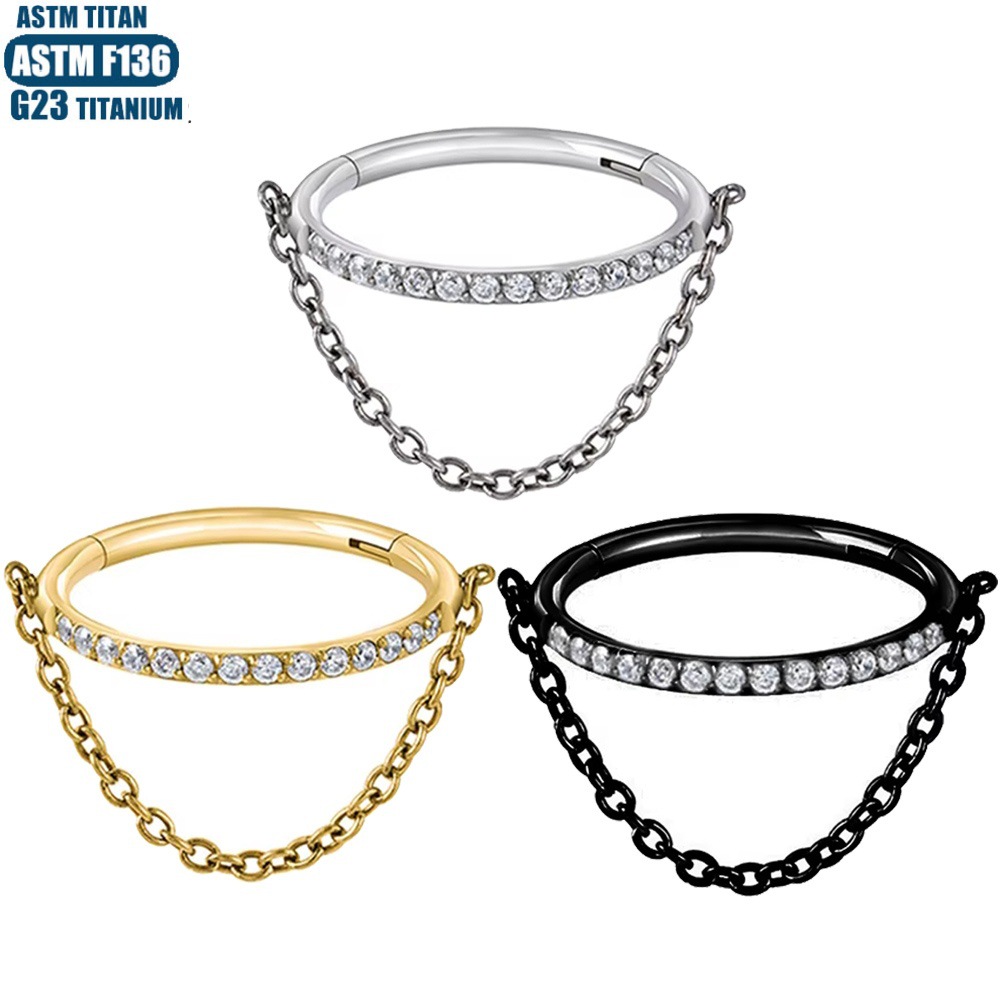 G23 Titanium Hinge Nose Ring with Zircon Chain Earrings - Seamless Open Ring Cartilage Septum Perforated Ear Ring Nose - Image 2