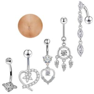 Zircon Peach Heart Belly Button Ring - Love Shaped Navel Jewelry - 316L Surgical Steel - 5 Sets - Hip Hop Style