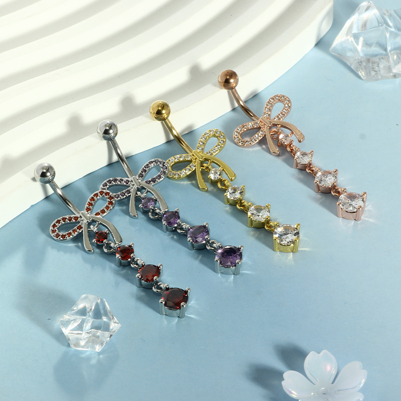 Factory Direct Bow-Knot Navel Ring, Rose Gold Zircon Belly Button Ring, 316L Surgical Steel Body Piercing Jewelry for Women Men - Image 4