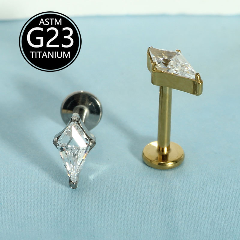 G23 Titanium Alloy Rhombus Threaded Zircon Earrings Lip Stud Earrings Cross-Border Manufacturer Body Piercing Jewelry - Image 2