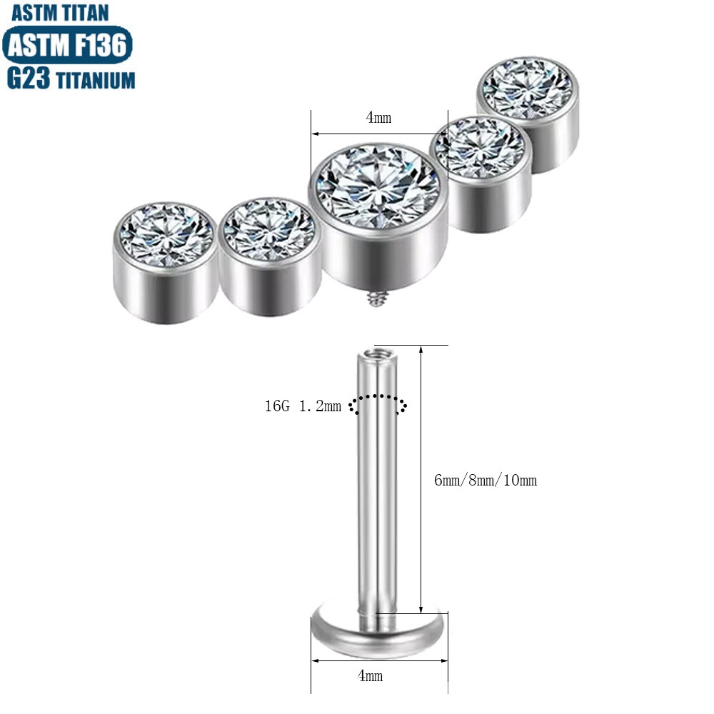 Factory Direct F136 Titanium Lip Ring with CZ Inner Thread Diaphragm Earring Piercing Jewelry Silver 1.2x10mm - Image 4