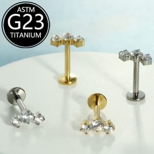 G23 Titanium Lip Stud with Zircon, Internally Threaded Piercing Jewelry, Cartilage Ear Bone Stud, Direct Manufacturer