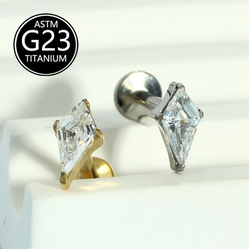 G23 Titanium Alloy Rhombus Threaded Zircon Earrings Lip Stud Earrings Cross-Border Manufacturer Body Piercing Jewelry - Image 5