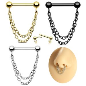 European American Punk Style 16g Nose Ring Stainless Steel Piercing Chain Barbell Pendant Jewelry