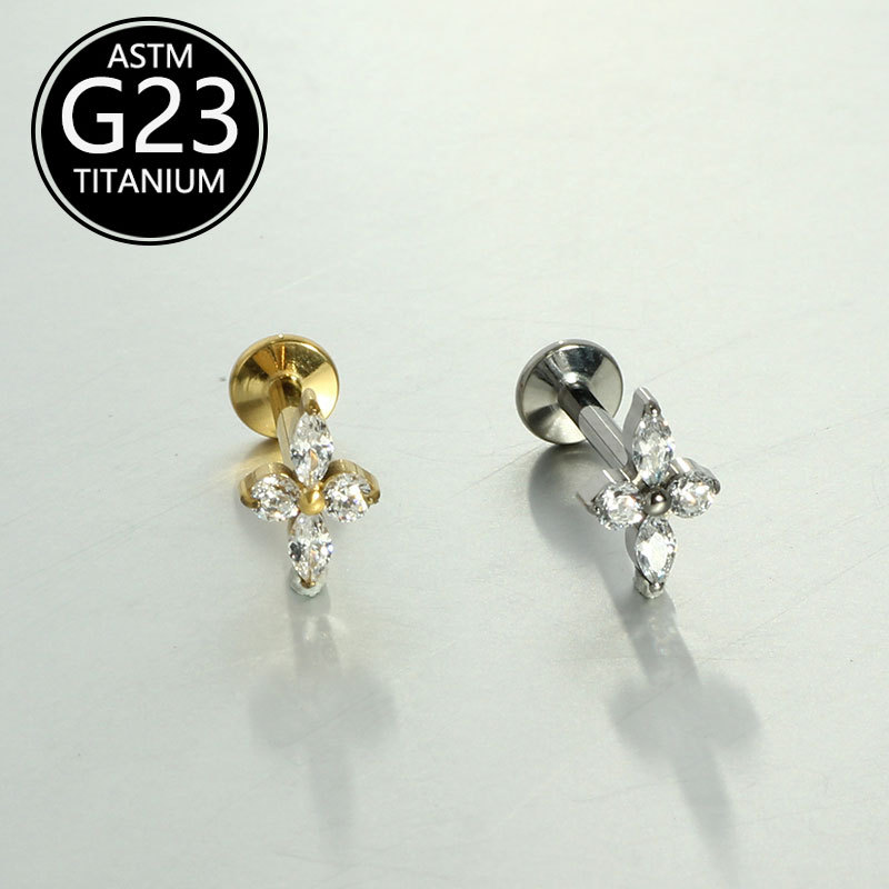 G23 Titanium Lip Piercing 6-10mm with Zircon Flower Design Ear Studs, Cartilage Studs, Factory Wholesale - Image 3
