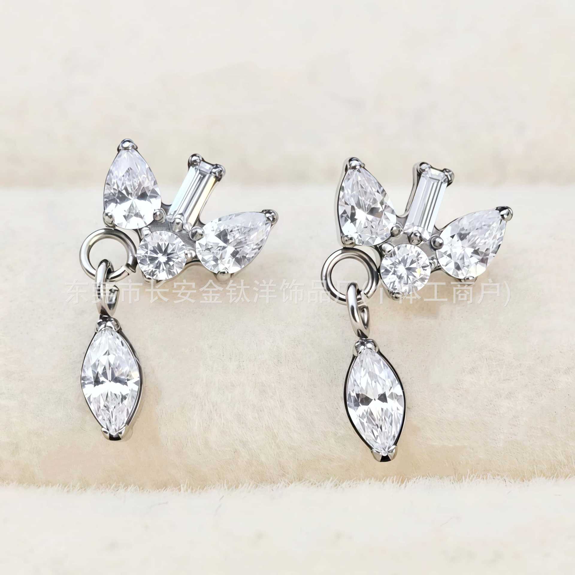 F136 Titanium Irregular Square Zircon Water Drop Pendant Ear Bone Studs - G23 Titanium Alloy Body Piercing Jewelry - Image 4