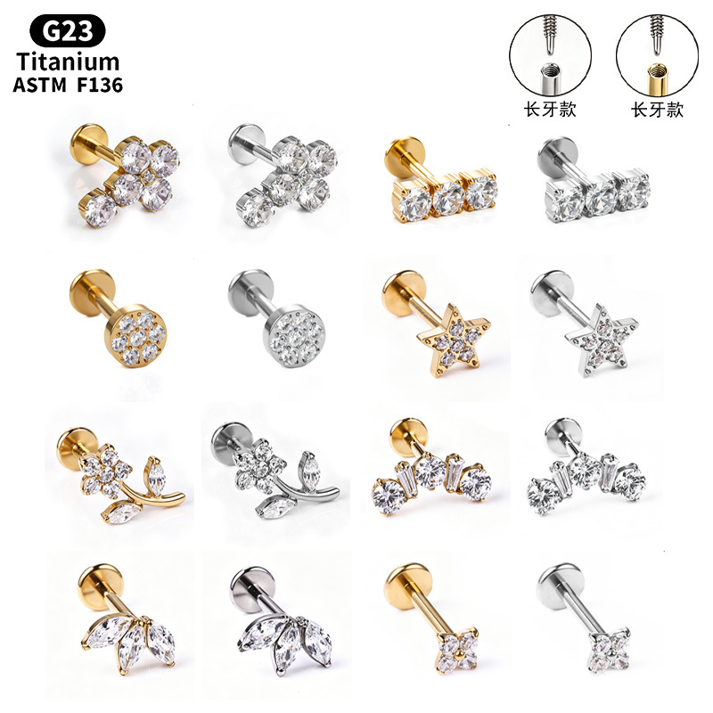 F136 Titanium Alloy Long Tooth Style Ear Studs, Finely Carved Ear Bone Studs with Zirconia, Lip Studs, G23 Titanium Body Piercing Jewelry - Image 5