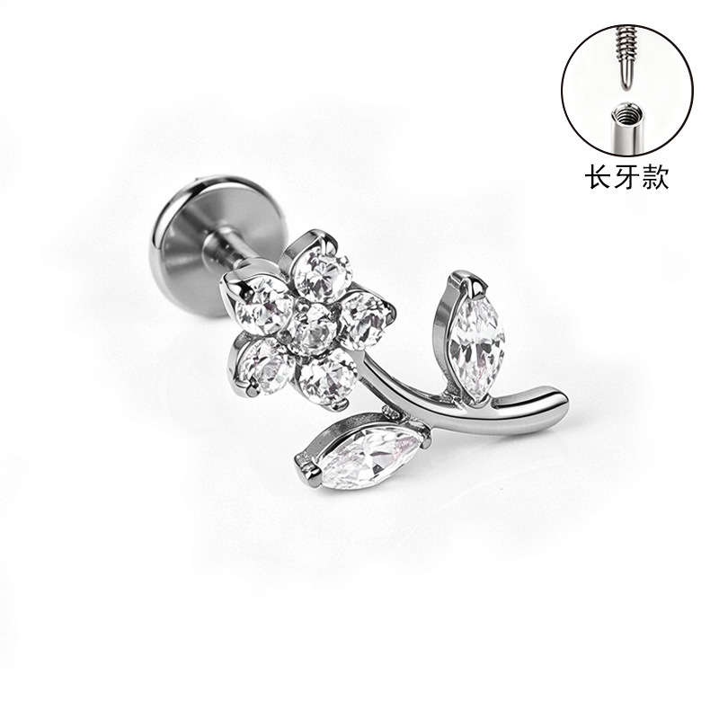 F136 Titanium Alloy Long Tooth Style Ear Studs, Finely Carved Ear Bone Studs with Zircon, Lip Studs, G23 Titanium Body Piercing Jewelry - Image 2