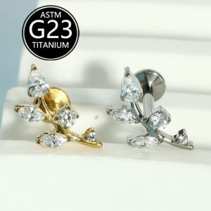 G23 Titanium Alloy Lip Piercing Jewelry with Diamond Leaf Drop-Shaped Zircon Labret Stud, Sold Individually