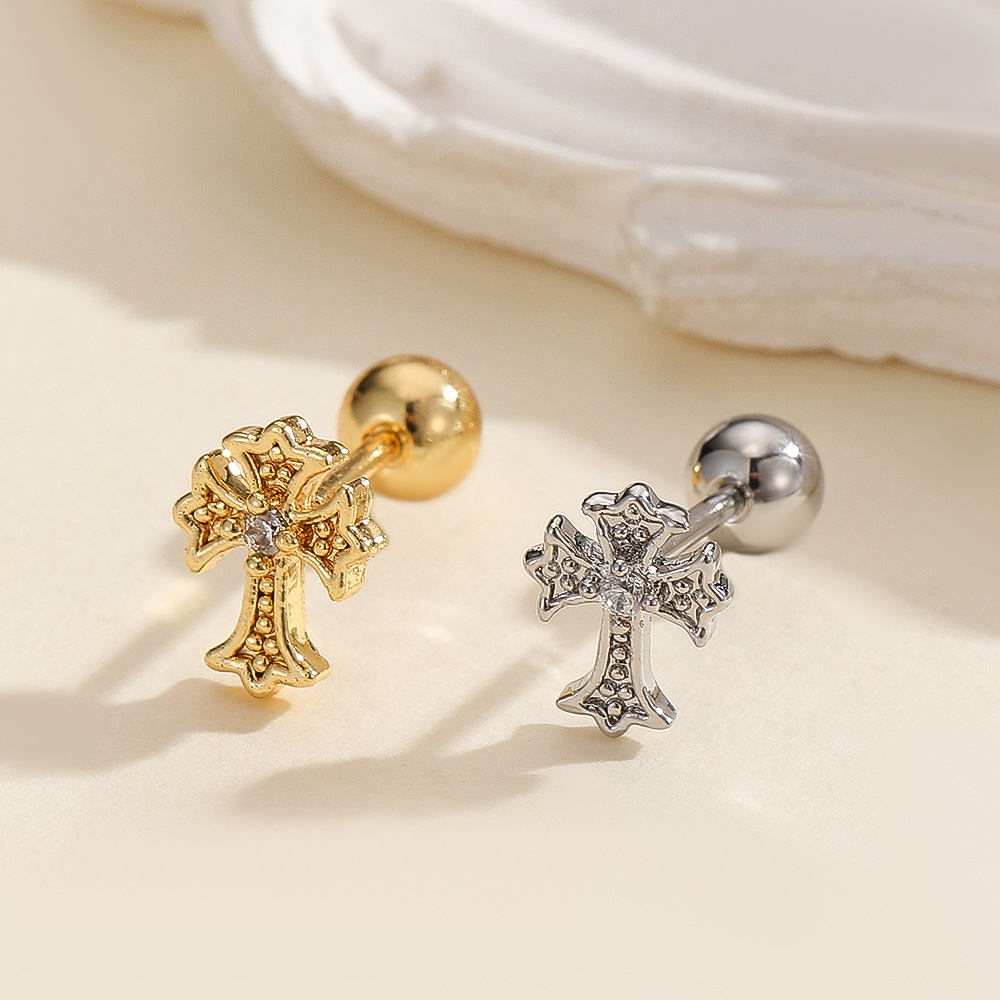 18K Gold Plated Copper Micro-Inlaid Ear Bone Studs Oil Drop Cross Devil Gun Black High-End Earring - Image 2