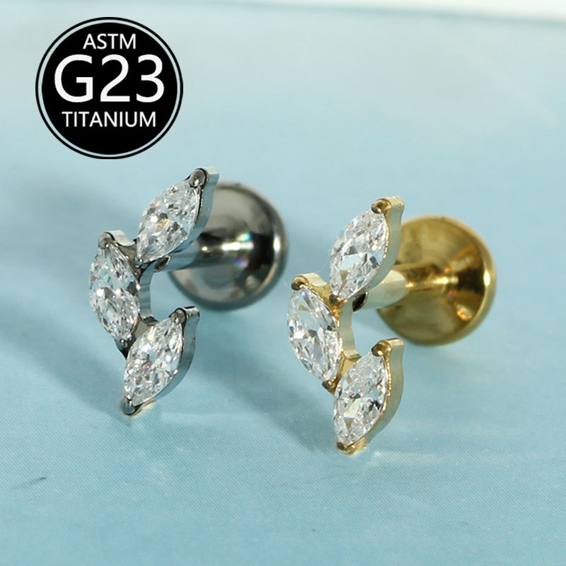 G23 Titanium Internally Threaded Flat Lip Stud with Marquise Zircon | Lip Ear Cartilage Piercing Jewelry - Image 3