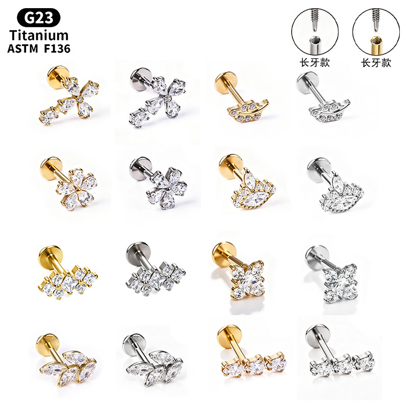 F136 Titanium Alloy Long Tooth Style Ear Studs, Finely Carved Ear Bone Studs with Zircon, Lip Studs, G23 Titanium Body Piercing Jewelry - Image 5