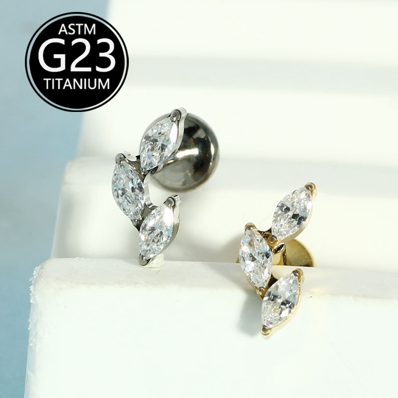 G23 Titanium Internally Threaded Flat Lip Stud with Marquise Zircon | Lip Ear Cartilage Piercing Jewelry - Image 5