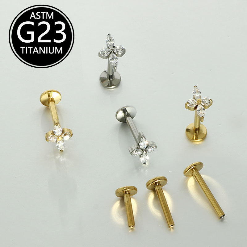 G23 Titanium Lip Piercing 6-10mm with Zircon Flower Design Ear Studs, Cartilage Studs, Factory Wholesale - Image 2
