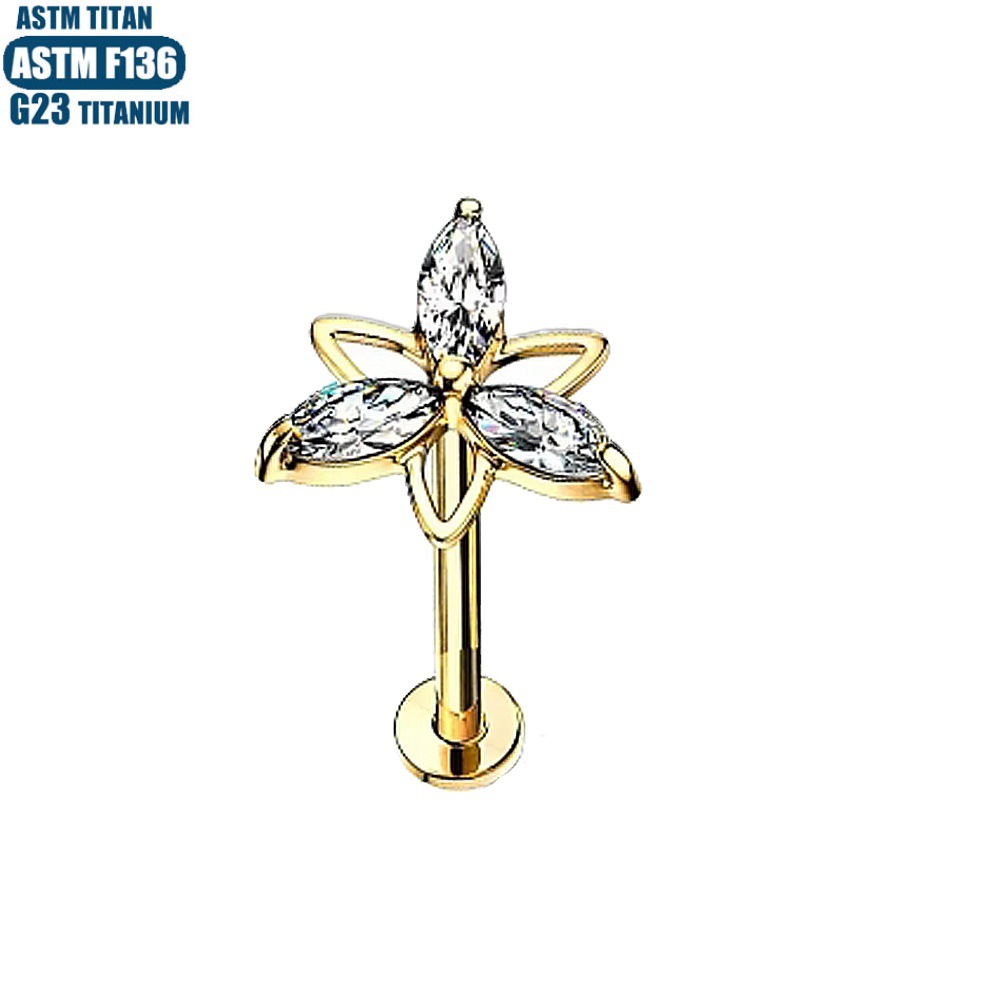 F136 Titanium Alloy Triangle Flower CZ Earrings Internally Threaded Piercing Small Earrings Lip Ring Lip Jewelry - Image 3