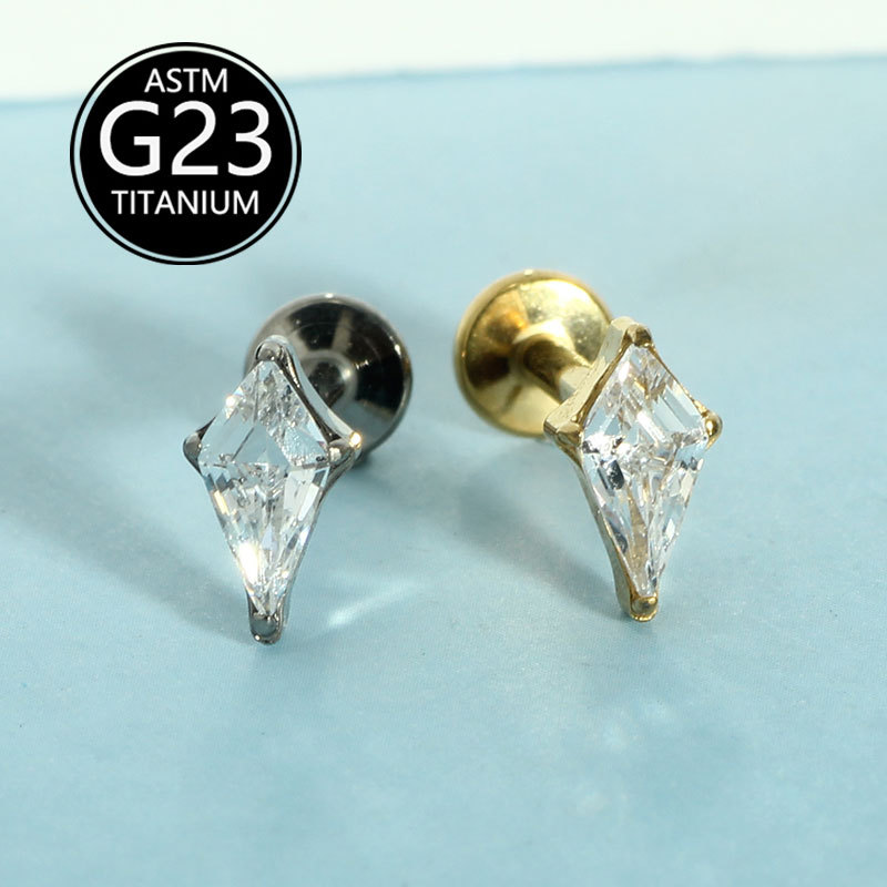 G23 Titanium Alloy Rhombus Threaded Zircon Earrings Lip Stud Earrings Cross-Border Manufacturer Body Piercing Jewelry - Image 4