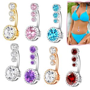 Factory Wholesale CZ Zircon Belly Button Ring Stainless Steel Round Navel Piercing Jewelry Rose Gold White