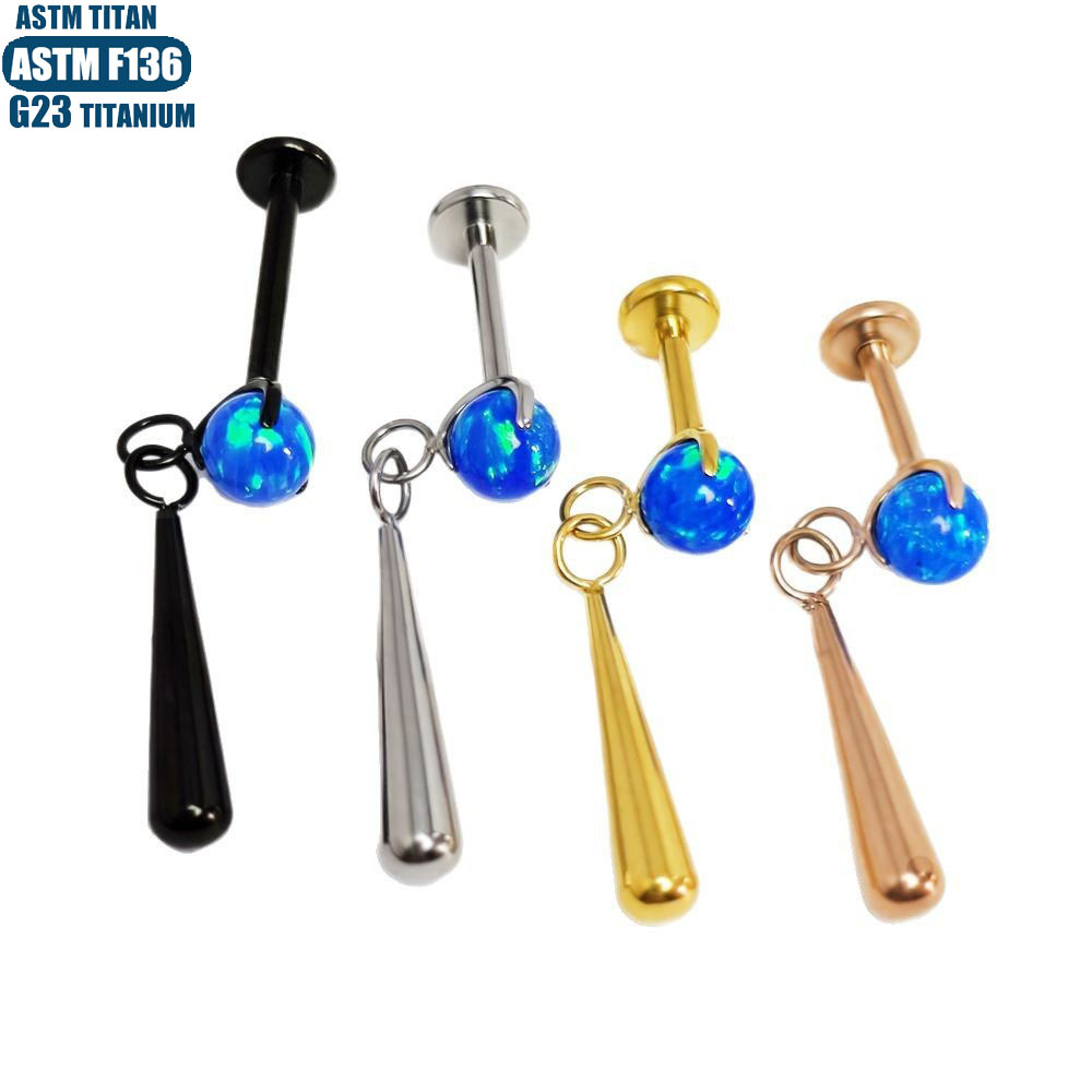 Titanium Alloy Opal Earrings - Three Claw Internal Thread Human Piercing Jewelry Diaphragm Piercing Water Drop Pendant Earrings - Image 3
