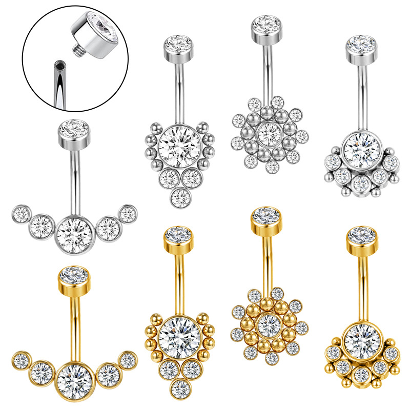 European American Fashion Belly Button Ring Zircon Navel Jewelry Stainless Steel Flower Design Gold 2024 Spring - Image 5