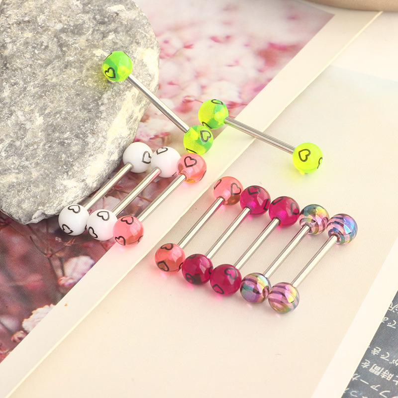 Stainless Steel Tongue Nail Love Double Round Ball Earring - Star Shape Purple Striped Body Piercing Jewelry Tongue Ring - Image 4