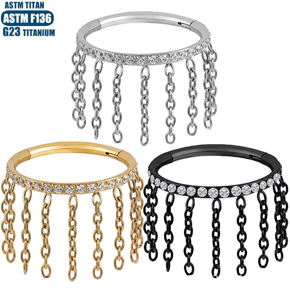 F136 Titanium Alloy Chain Nose Ring Diamond Septum Ring Tragus Tassel Earrings - Image 2