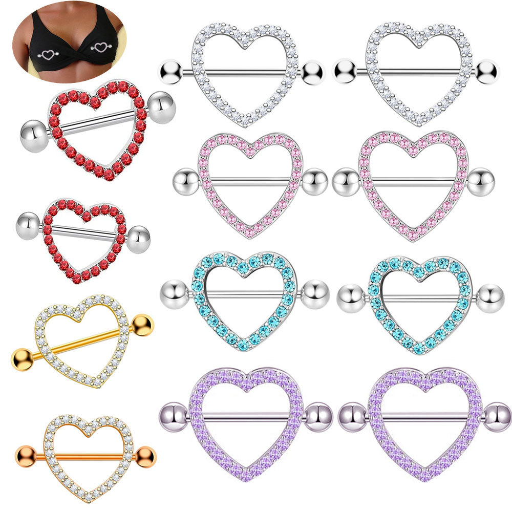 Double Diamond Love Heart Breast Piercing Ring - Seven Color Electroplated Stainless Steel Pair for Sale Wholesale - Image 5