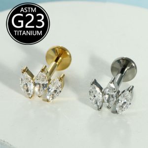 F136 Titanium Three Marquise Diamond Super Flash Zircon Earrings Lip Nails Cross-Border Manufacturer G23 Titanium Body Piercing Jewelry