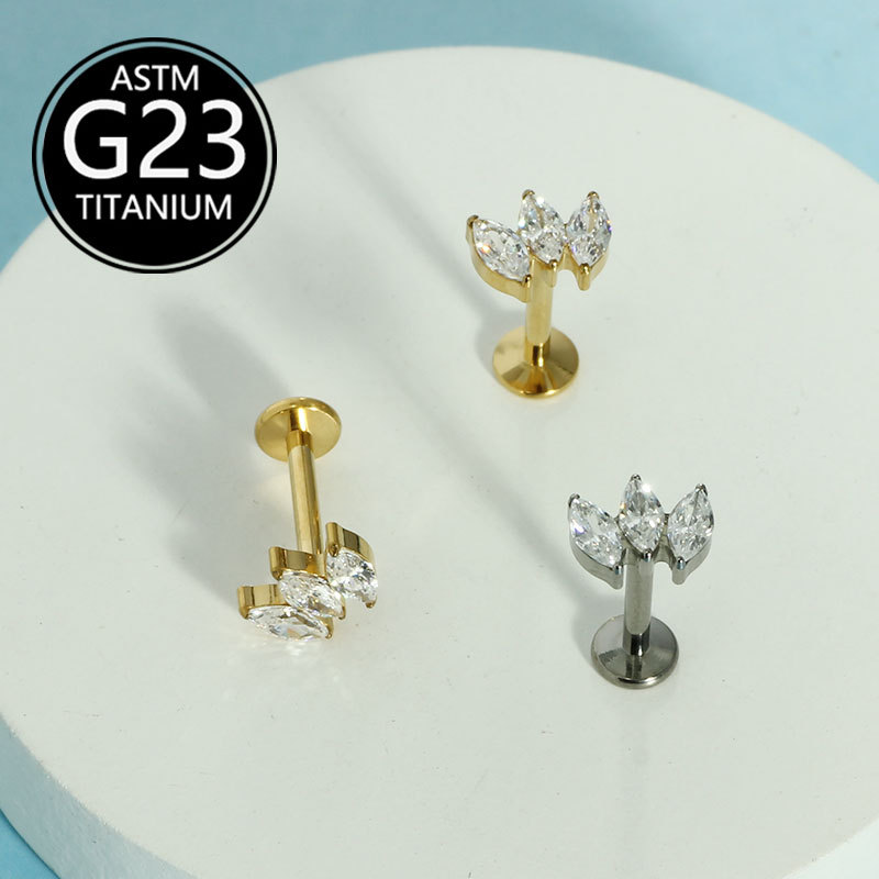 F136 Titanium Three Marquise Diamond Super Flash Zircon Earrings Lip Nails Cross-Border Manufacturer G23 Titanium Body Piercing Jewelry - Image 4