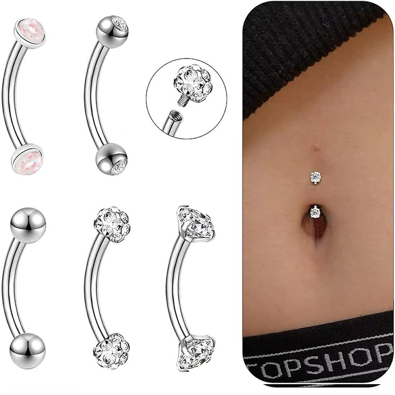 5-Piece Set Stainless Steel Double-Headed Zircon Curved Rod Navel Rings Internally Threaded Multi-Color Belly Button Jewelry - Image 5